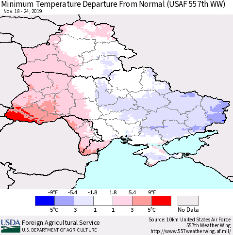 Ukraine, Moldova and Belarus Minimum Temperature Departure From Normal (USAF 557th WW) Thematic Map For 11/18/2019 - 11/24/2019