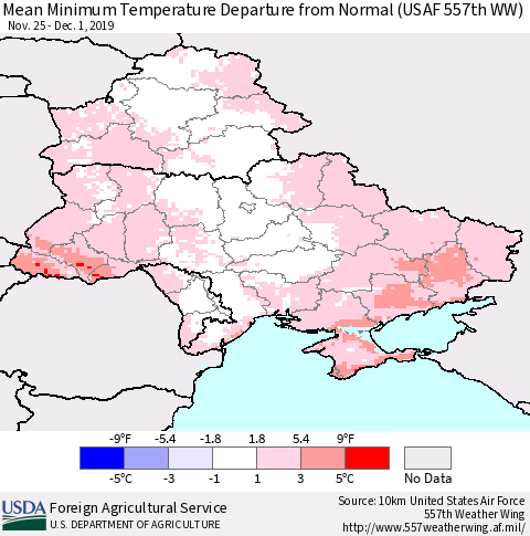 Ukraine, Moldova and Belarus Minimum Temperature Departure From Normal (USAF 557th WW) Thematic Map For 11/25/2019 - 12/1/2019