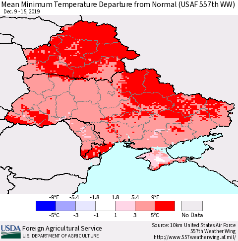 Ukraine, Moldova and Belarus Mean Minimum Temperature Departure from Normal (USAF 557th WW) Thematic Map For 12/9/2019 - 12/15/2019