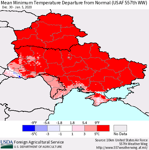 Ukraine, Moldova and Belarus Minimum Temperature Departure From Normal (USAF 557th WW) Thematic Map For 12/30/2019 - 1/5/2020