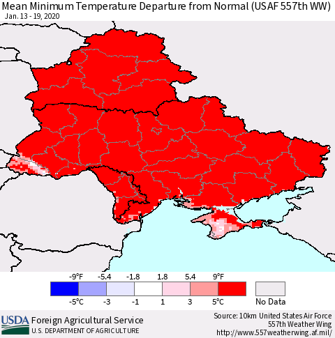 Ukraine, Moldova and Belarus Minimum Temperature Departure From Normal (USAF 557th WW) Thematic Map For 1/13/2020 - 1/19/2020