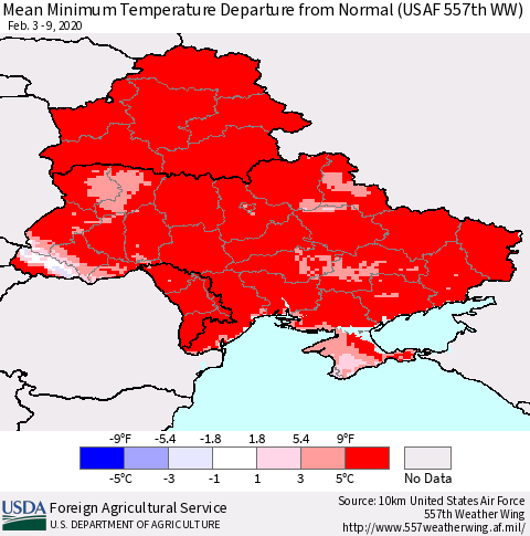 Ukraine, Moldova and Belarus Minimum Temperature Departure From Normal (USAF 557th WW) Thematic Map For 2/3/2020 - 2/9/2020