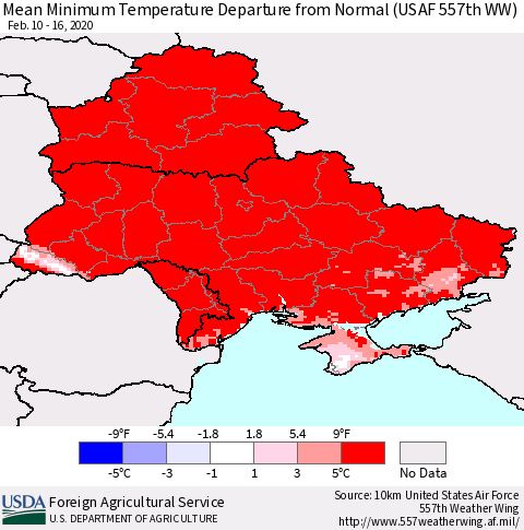 Ukraine, Moldova and Belarus Minimum Temperature Departure From Normal (USAF 557th WW) Thematic Map For 2/10/2020 - 2/16/2020