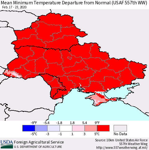 Ukraine, Moldova and Belarus Minimum Temperature Departure From Normal (USAF 557th WW) Thematic Map For 2/17/2020 - 2/23/2020