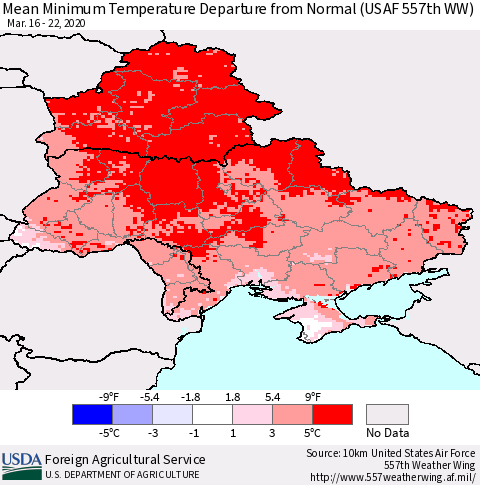 Ukraine, Moldova and Belarus Minimum Temperature Departure From Normal (USAF 557th WW) Thematic Map For 3/16/2020 - 3/22/2020