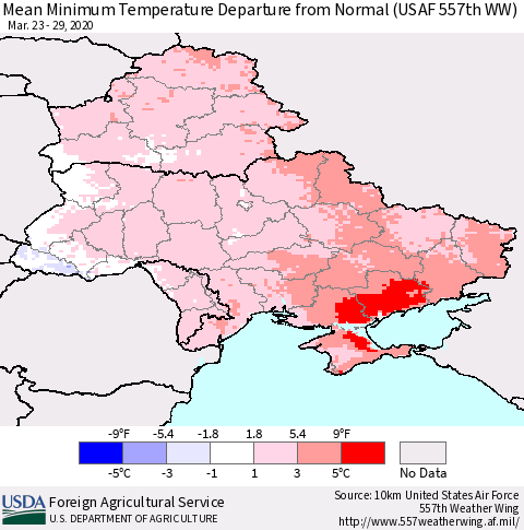Ukraine, Moldova and Belarus Minimum Temperature Departure From Normal (USAF 557th WW) Thematic Map For 3/23/2020 - 3/29/2020