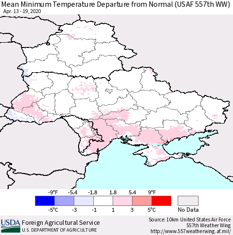 Ukraine, Moldova and Belarus Minimum Temperature Departure From Normal (USAF 557th WW) Thematic Map For 4/13/2020 - 4/19/2020