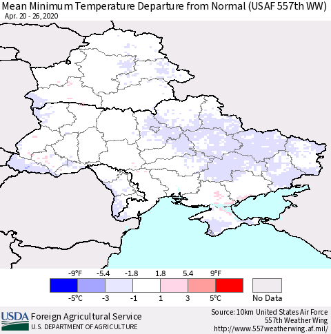 Ukraine, Moldova and Belarus Minimum Temperature Departure From Normal (USAF 557th WW) Thematic Map For 4/20/2020 - 4/26/2020