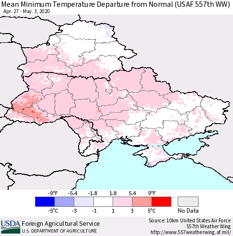 Ukraine, Moldova and Belarus Minimum Temperature Departure From Normal (USAF 557th WW) Thematic Map For 4/27/2020 - 5/3/2020