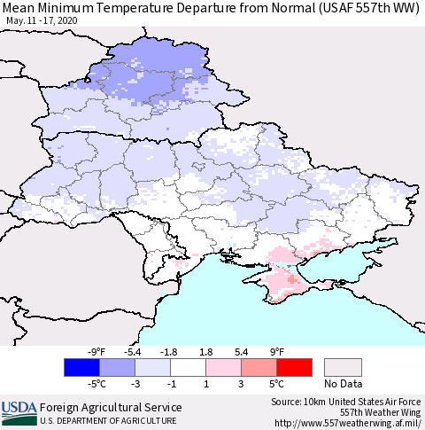 Ukraine, Moldova and Belarus Mean Minimum Temperature Departure from Normal (USAF 557th WW) Thematic Map For 5/11/2020 - 5/17/2020