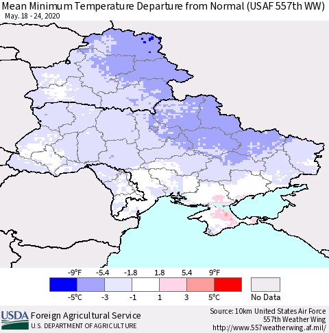 Ukraine, Moldova and Belarus Minimum Temperature Departure From Normal (USAF 557th WW) Thematic Map For 5/18/2020 - 5/24/2020