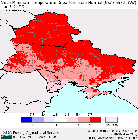 Ukraine, Moldova and Belarus Mean Minimum Temperature Departure from Normal (USAF 557th WW) Thematic Map For 6/15/2020 - 6/21/2020