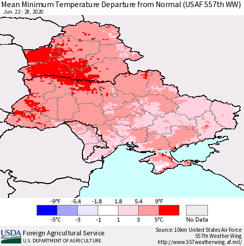 Ukraine, Moldova and Belarus Mean Minimum Temperature Departure from Normal (USAF 557th WW) Thematic Map For 6/22/2020 - 6/28/2020