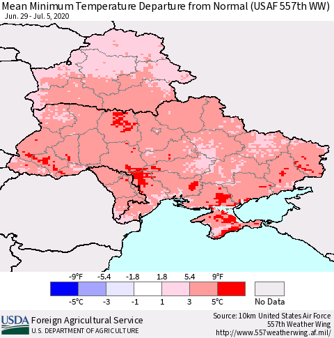 Ukraine, Moldova and Belarus Mean Minimum Temperature Departure from Normal (USAF 557th WW) Thematic Map For 6/29/2020 - 7/5/2020