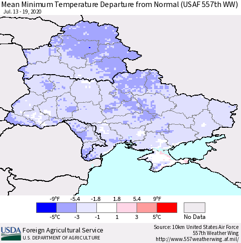 Ukraine, Moldova and Belarus Mean Minimum Temperature Departure from Normal (USAF 557th WW) Thematic Map For 7/13/2020 - 7/19/2020