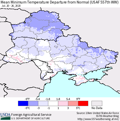 Ukraine, Moldova and Belarus Mean Minimum Temperature Departure from Normal (USAF 557th WW) Thematic Map For 7/20/2020 - 7/26/2020