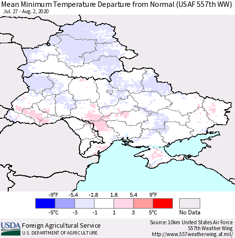 Ukraine, Moldova and Belarus Mean Minimum Temperature Departure from Normal (USAF 557th WW) Thematic Map For 7/27/2020 - 8/2/2020
