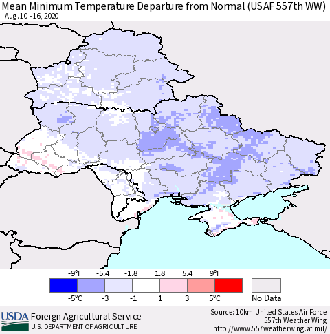 Ukraine, Moldova and Belarus Mean Minimum Temperature Departure from Normal (USAF 557th WW) Thematic Map For 8/10/2020 - 8/16/2020