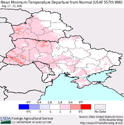 Ukraine, Moldova and Belarus Mean Minimum Temperature Departure from Normal (USAF 557th WW) Thematic Map For 8/17/2020 - 8/23/2020