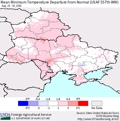 Ukraine, Moldova and Belarus Minimum Temperature Departure From Normal (USAF 557th WW) Thematic Map For 8/24/2020 - 8/30/2020