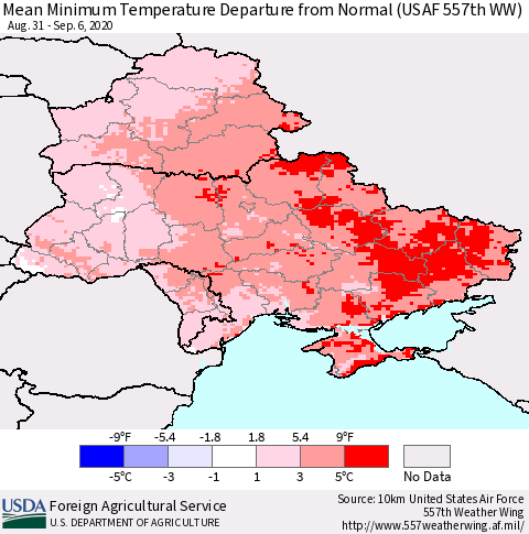 Ukraine, Moldova and Belarus Mean Minimum Temperature Departure from Normal (USAF 557th WW) Thematic Map For 8/31/2020 - 9/6/2020