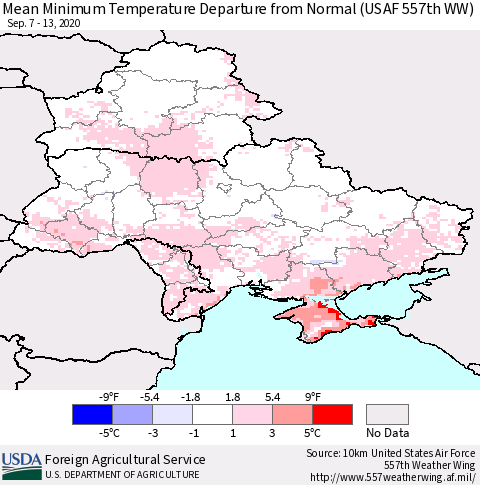 Ukraine, Moldova and Belarus Minimum Temperature Departure From Normal (USAF 557th WW) Thematic Map For 9/7/2020 - 9/13/2020