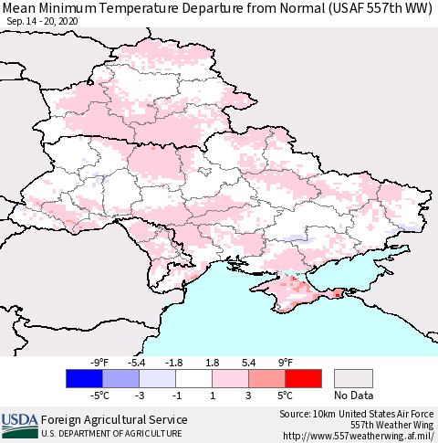 Ukraine, Moldova and Belarus Mean Minimum Temperature Departure from Normal (USAF 557th WW) Thematic Map For 9/14/2020 - 9/20/2020
