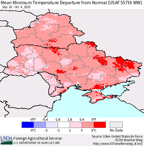 Ukraine, Moldova and Belarus Minimum Temperature Departure From Normal (USAF 557th WW) Thematic Map For 9/28/2020 - 10/4/2020