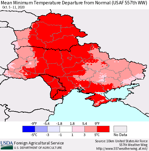 Ukraine, Moldova and Belarus Mean Minimum Temperature Departure from Normal (USAF 557th WW) Thematic Map For 10/5/2020 - 10/11/2020