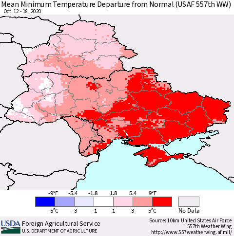 Ukraine, Moldova and Belarus Mean Minimum Temperature Departure from Normal (USAF 557th WW) Thematic Map For 10/12/2020 - 10/18/2020