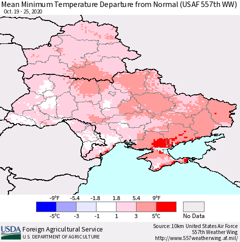 Ukraine, Moldova and Belarus Minimum Temperature Departure From Normal (USAF 557th WW) Thematic Map For 10/19/2020 - 10/25/2020