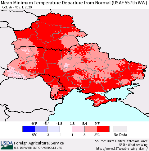 Ukraine, Moldova and Belarus Mean Minimum Temperature Departure from Normal (USAF 557th WW) Thematic Map For 10/26/2020 - 11/1/2020