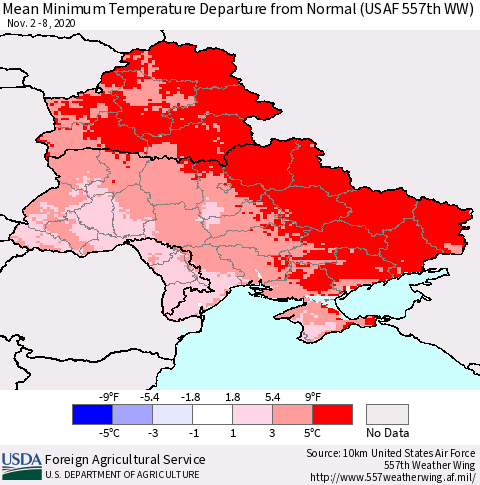 Ukraine, Moldova and Belarus Mean Minimum Temperature Departure from Normal (USAF 557th WW) Thematic Map For 11/2/2020 - 11/8/2020