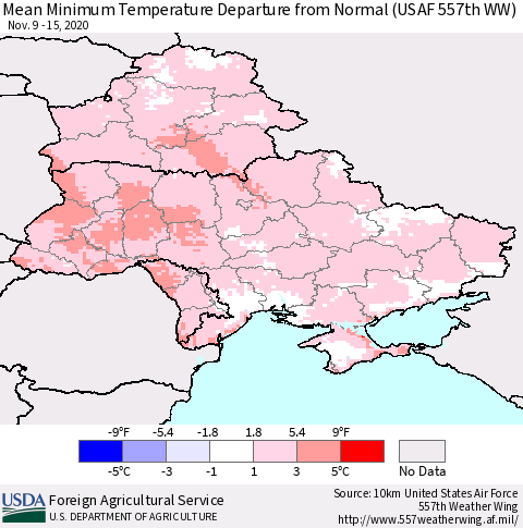 Ukraine, Moldova and Belarus Mean Minimum Temperature Departure from Normal (USAF 557th WW) Thematic Map For 11/9/2020 - 11/15/2020