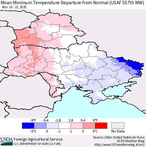 Ukraine, Moldova and Belarus Mean Minimum Temperature Departure from Normal (USAF 557th WW) Thematic Map For 11/16/2020 - 11/22/2020