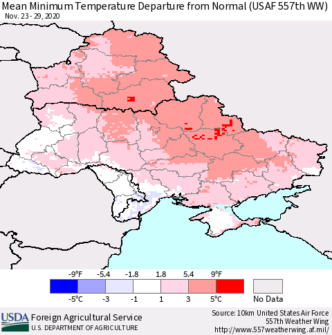 Ukraine, Moldova and Belarus Minimum Temperature Departure From Normal (USAF 557th WW) Thematic Map For 11/23/2020 - 11/29/2020