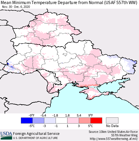 Ukraine, Moldova and Belarus Minimum Temperature Departure From Normal (USAF 557th WW) Thematic Map For 11/30/2020 - 12/6/2020