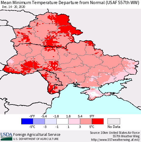 Ukraine, Moldova and Belarus Mean Minimum Temperature Departure from Normal (USAF 557th WW) Thematic Map For 12/14/2020 - 12/20/2020