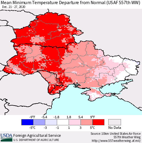 Ukraine, Moldova and Belarus Minimum Temperature Departure From Normal (USAF 557th WW) Thematic Map For 12/21/2020 - 12/27/2020