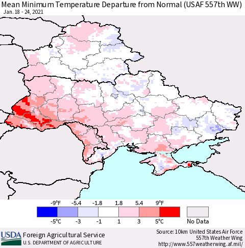 Ukraine, Moldova and Belarus Minimum Temperature Departure From Normal (USAF 557th WW) Thematic Map For 1/18/2021 - 1/24/2021