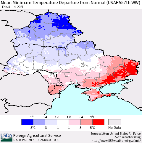 Ukraine, Moldova and Belarus Mean Minimum Temperature Departure from Normal (USAF 557th WW) Thematic Map For 2/8/2021 - 2/14/2021