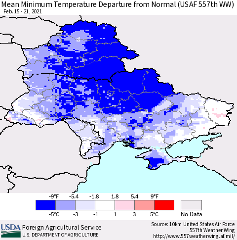 Ukraine, Moldova and Belarus Minimum Temperature Departure From Normal (USAF 557th WW) Thematic Map For 2/15/2021 - 2/21/2021