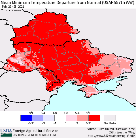 Ukraine, Moldova and Belarus Minimum Temperature Departure From Normal (USAF 557th WW) Thematic Map For 2/22/2021 - 2/28/2021