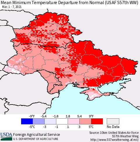 Ukraine, Moldova and Belarus Mean Minimum Temperature Departure from Normal (USAF 557th WW) Thematic Map For 3/1/2021 - 3/7/2021