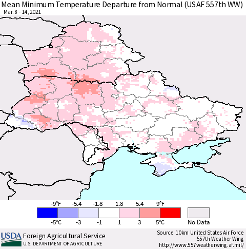 Ukraine, Moldova and Belarus Minimum Temperature Departure From Normal (USAF 557th WW) Thematic Map For 3/8/2021 - 3/14/2021