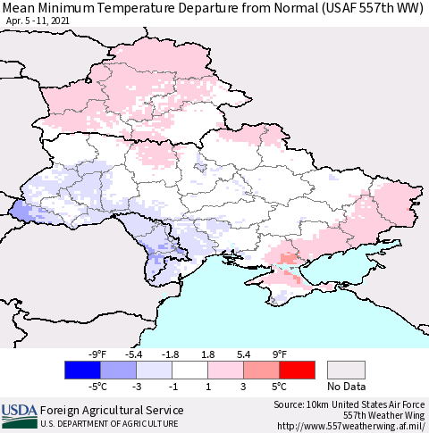 Ukraine, Moldova and Belarus Minimum Temperature Departure From Normal (USAF 557th WW) Thematic Map For 4/5/2021 - 4/11/2021