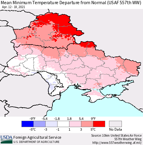 Ukraine, Moldova and Belarus Mean Minimum Temperature Departure from Normal (USAF 557th WW) Thematic Map For 4/12/2021 - 4/18/2021