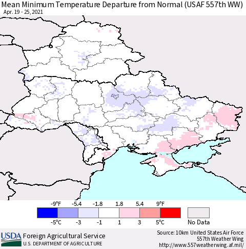 Ukraine, Moldova and Belarus Mean Minimum Temperature Departure from Normal (USAF 557th WW) Thematic Map For 4/19/2021 - 4/25/2021