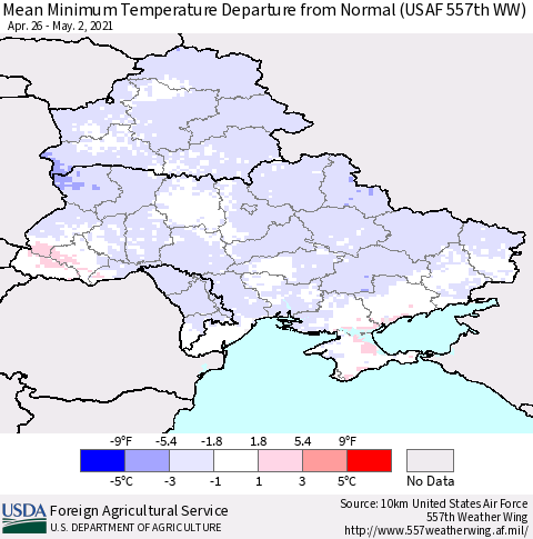 Ukraine, Moldova and Belarus Mean Minimum Temperature Departure from Normal (USAF 557th WW) Thematic Map For 4/26/2021 - 5/2/2021
