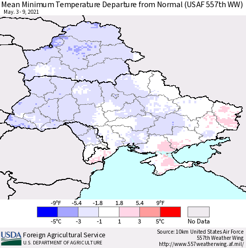 Ukraine, Moldova and Belarus Minimum Temperature Departure From Normal (USAF 557th WW) Thematic Map For 5/3/2021 - 5/9/2021